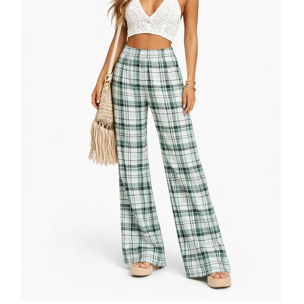 Caution to the Wind Plaid Knit Wide Leg Pants Green White Retro Festival Size S - Picture 1 of 6